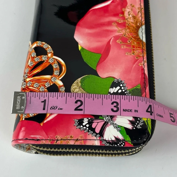 La Miel Double Zip Around Wallet Black Multi Pearl Butterfly Floral Pattern - Picture 5 of 6